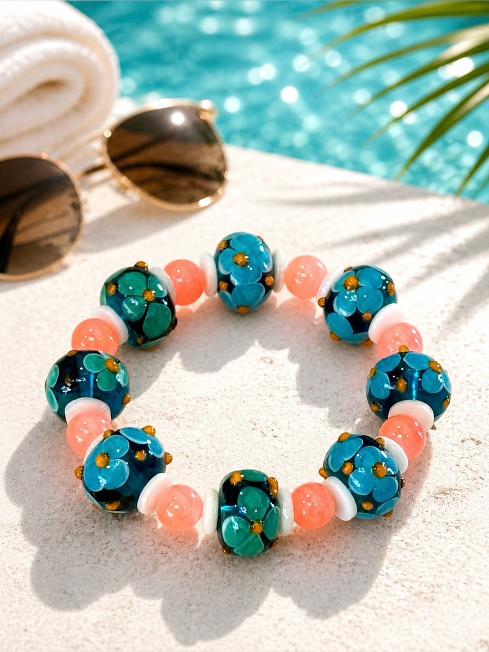 Hand Crafted Floral Gemstone Beaded Bracelet 6 3/4”